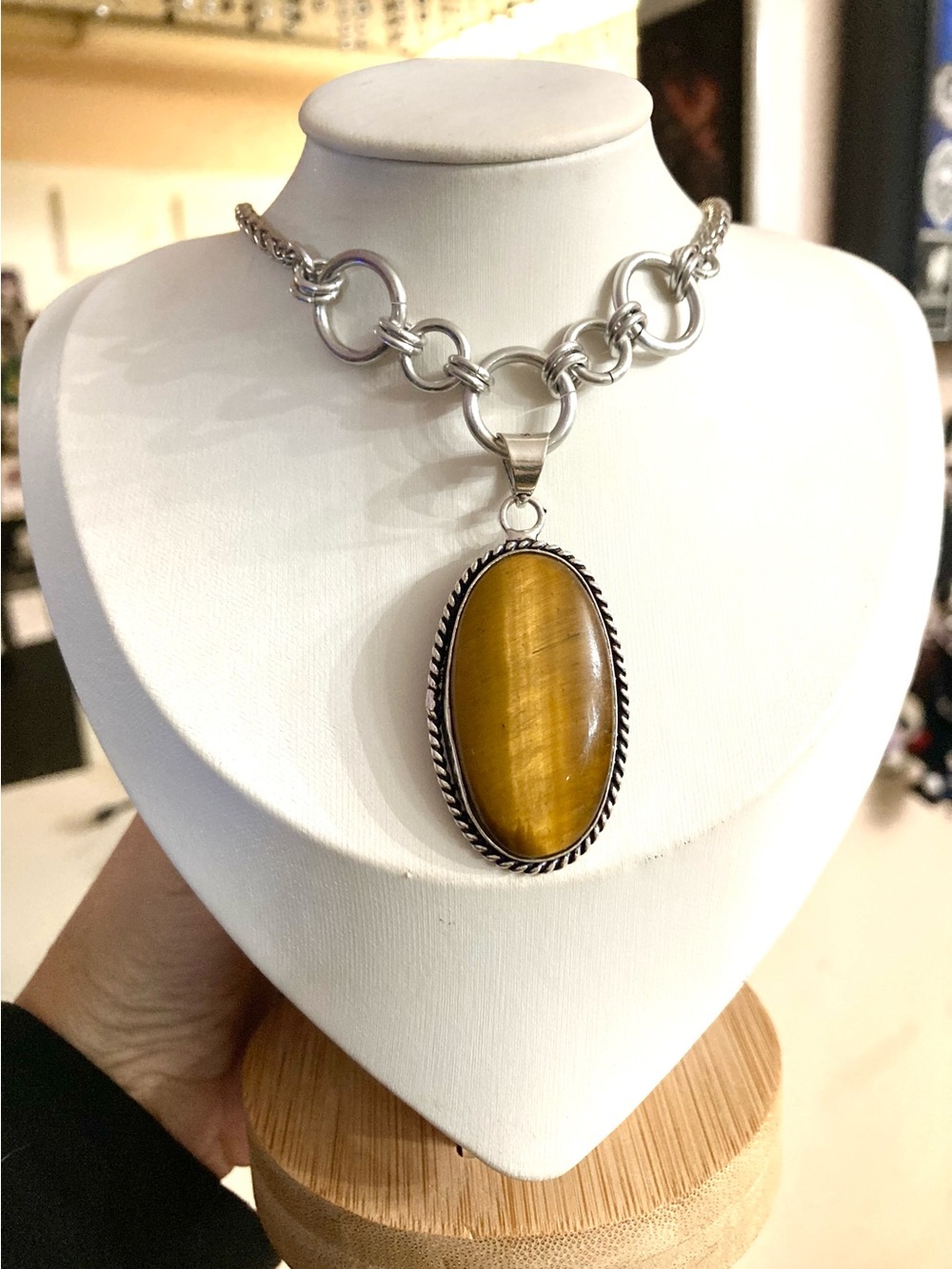 Genuine golden tiger eye gemstone boho oval medallion charm silver necklace - Picture 3 of 14